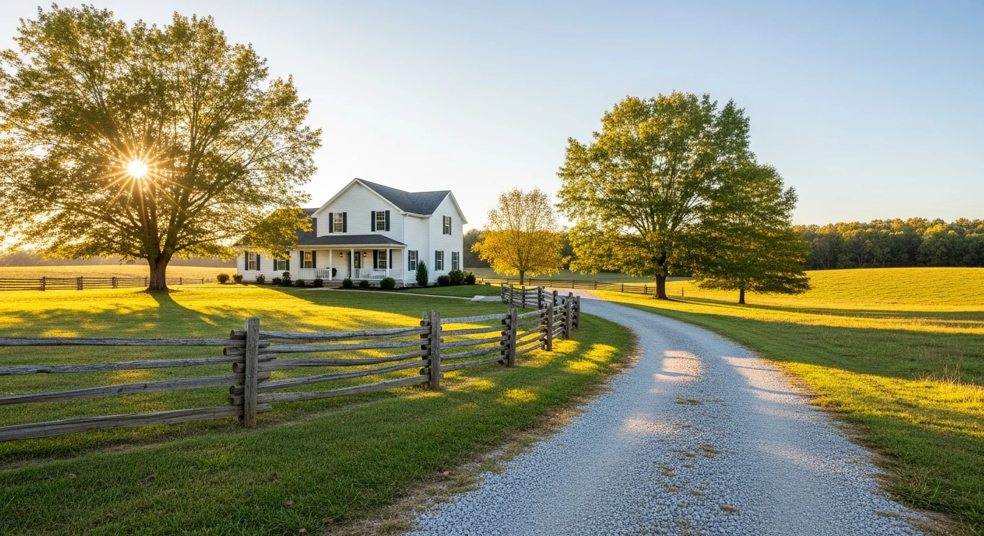 A well-maintained farmhouse with mature trees on rolling Bedford County land, showing typical rural residential property.