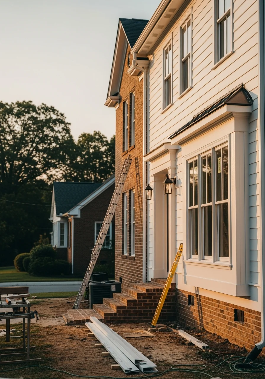 Technician and homeowner reviewing work on a Nashville property with visible neighborhood context.