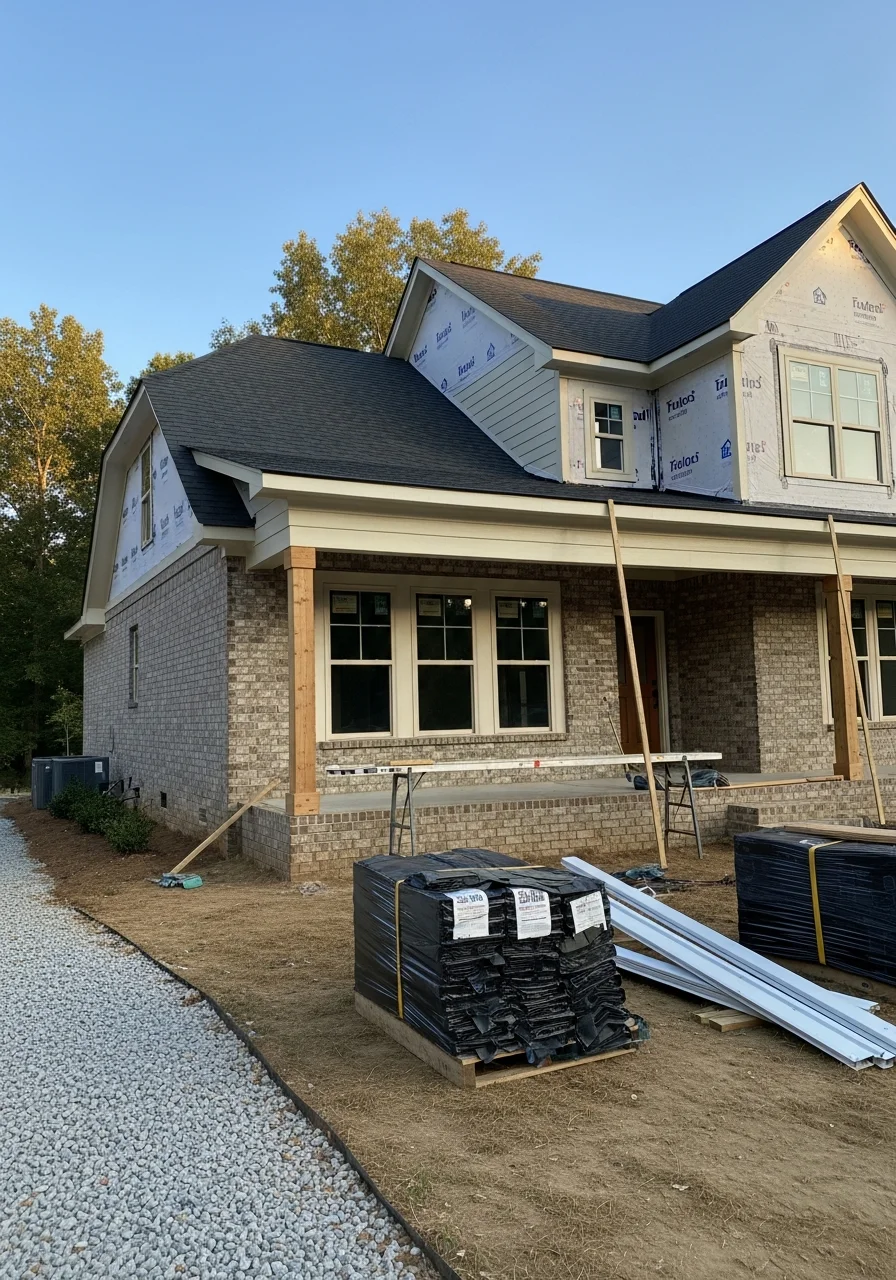 Technician and homeowner reviewing work on a Wilson County property with visible residential context.