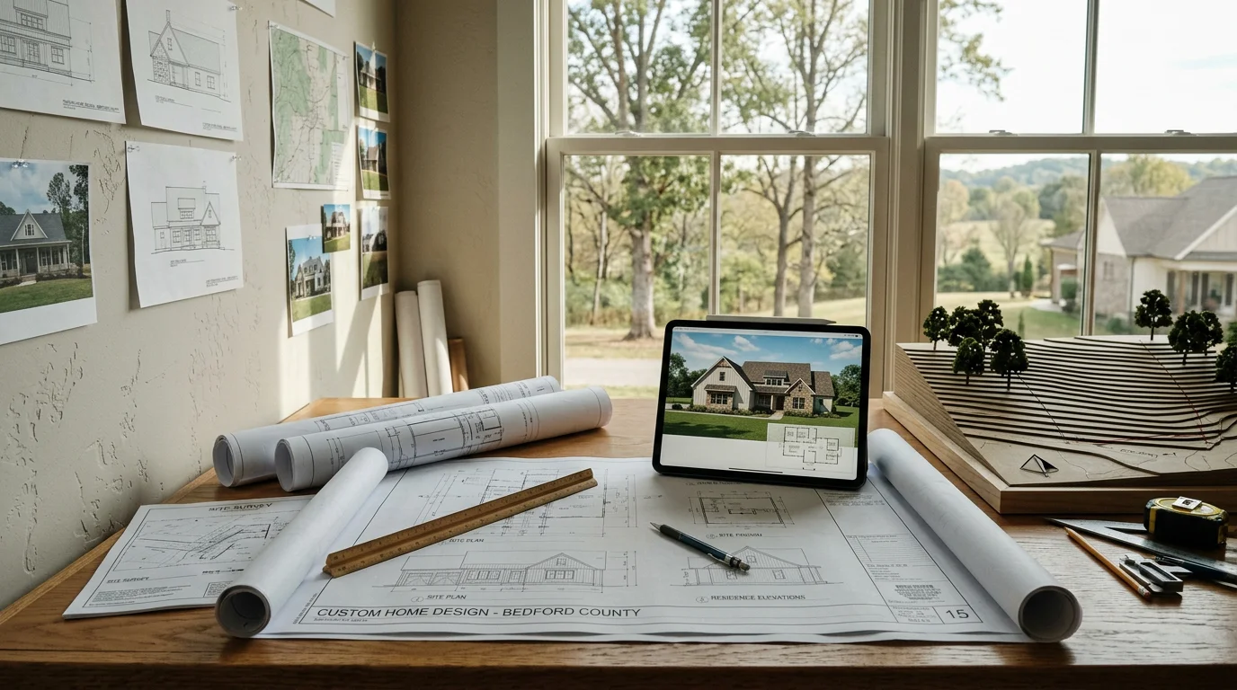 Architectural design drawings for a custom home on a rural Bedford County, Tennessee lot, showing detailed floor plan layouts spread across a work table. A locally owned construction team reviews the plans alongside a homeowner during a pre-build design meeting.