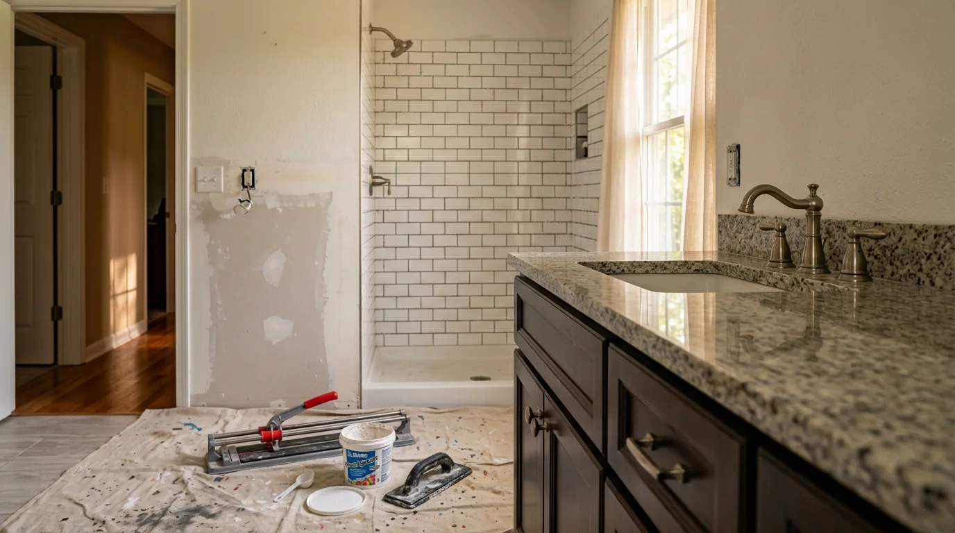 A finished bathroom remodel in a Bedford County, Tennessee home showing updated tile flooring, a new vanity, and a renovated shower area. The space reflects a clean, functional layout typical of Middle Tennessee residential remodeling work by Denali Construction.