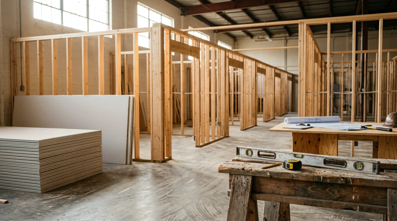 Finished commercial interior buildout in Bedford County, Tennessee, showing framed walls, installed ceiling systems, and completed flooring in a light commercial space. Denali Construction commercial buildout project serving Middle Tennessee businesses.