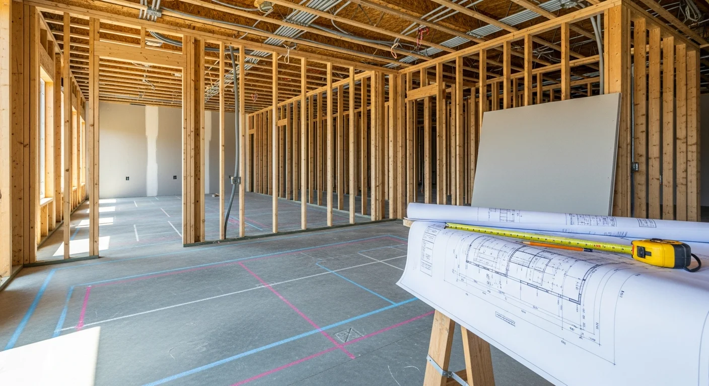 Finished commercial buildout interior in a Bedford County, PA business space, showing framed walls, installed ceiling grid, and completed flooring ready for tenant occupancy. General contractor work by Denali Construction.