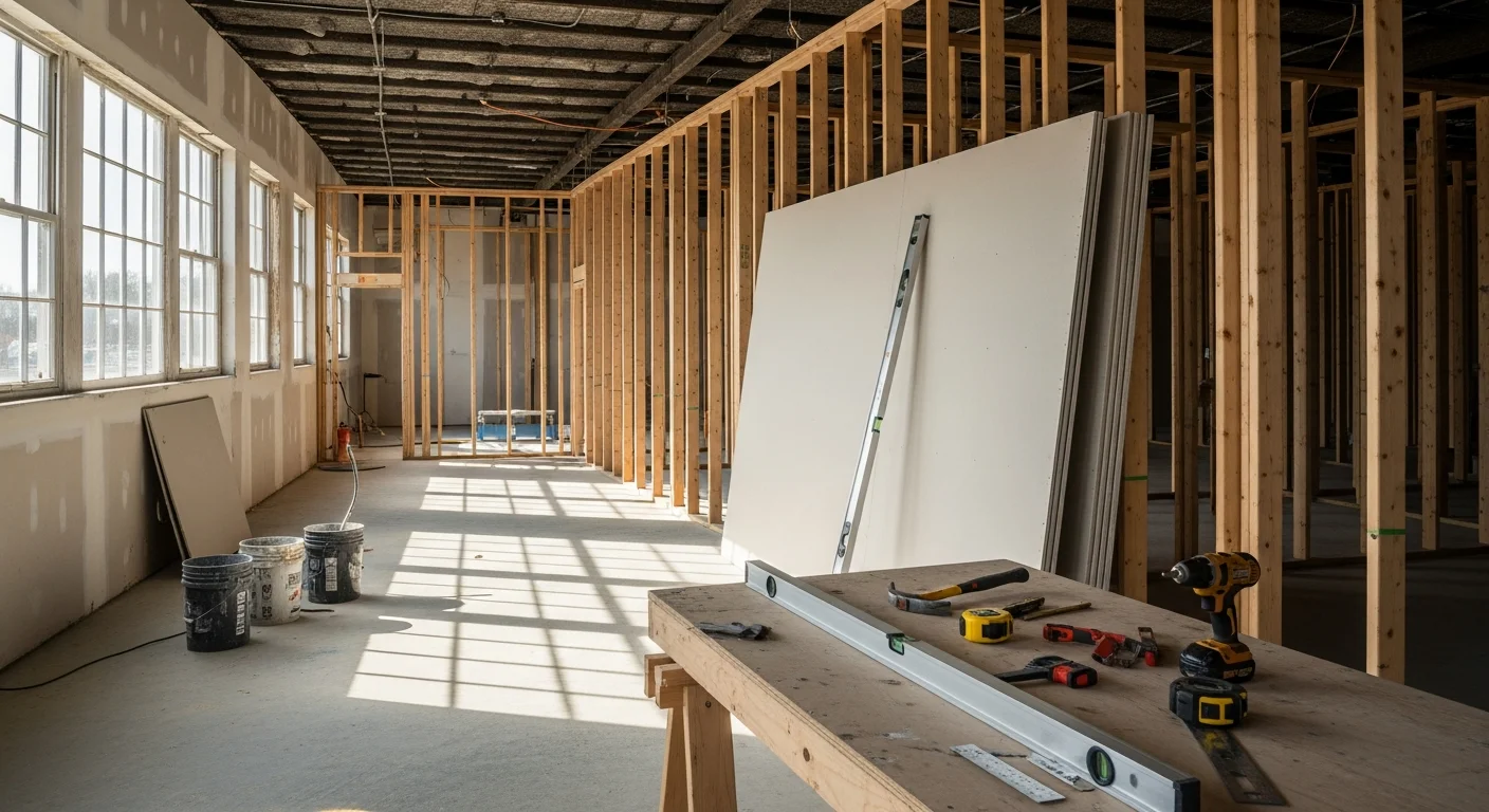 Finished commercial interior remodel in a Bedford County, PA business space, showing updated walls, flooring, and open work area. General contractor completed buildout for a small commercial tenant in the Bedford region.
