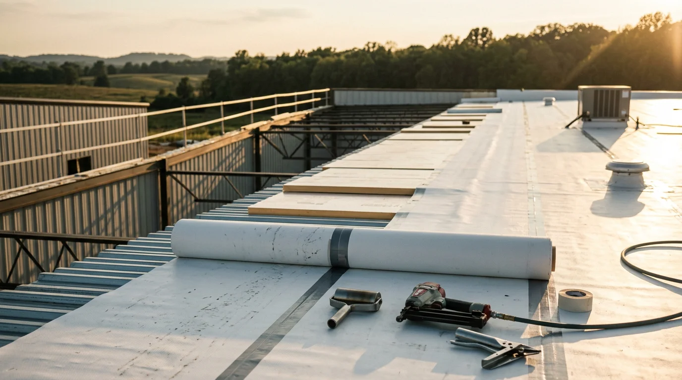A newly installed commercial roof on a flat-roofed building in Bedford County, Tennessee, with clean membrane seams and rooftop equipment visible against a clear sky. The finished installation shows a complete roofing system suited to Middle Tennessee's commercial building stock.