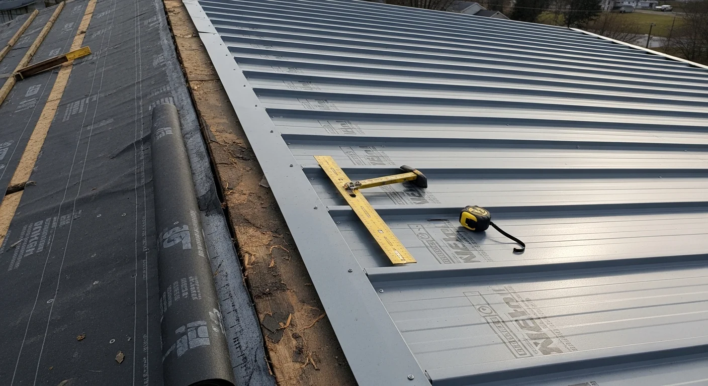 A completed commercial metal roof installation on a low-slope warehouse building in Bedford County, PA, showing clean panel seams and perimeter flashing against a rural Pennsylvania backdrop. The roof surface is free of ponding areas, with downspout drainage visible at the building corners.