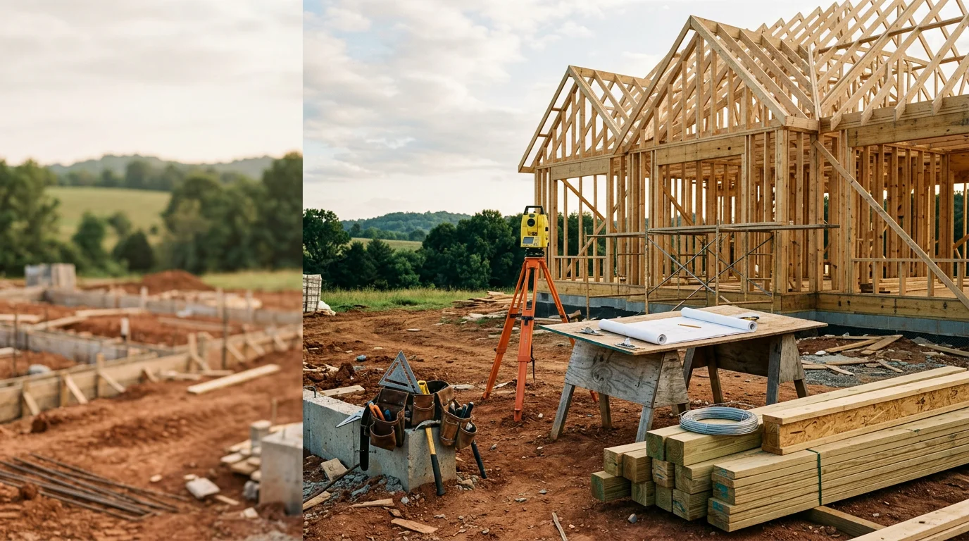 A newly completed custom home on a rural Bedford County, Tennessee lot, featuring a covered front porch and open surrounding land. The home reflects a site-specific build with a traditional exterior suited to Middle Tennessee's landscape.