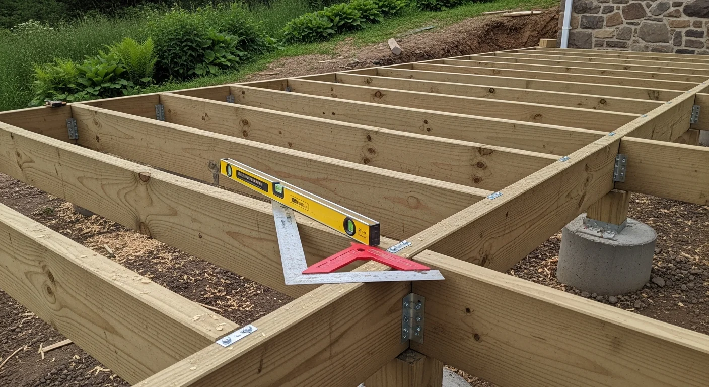 A newly built wood deck attached to a residential home in Bedford County, Pennsylvania, with a railed perimeter and open backyard view. The deck frame shows level construction on a sloped lot with visible post footings set into the ground.