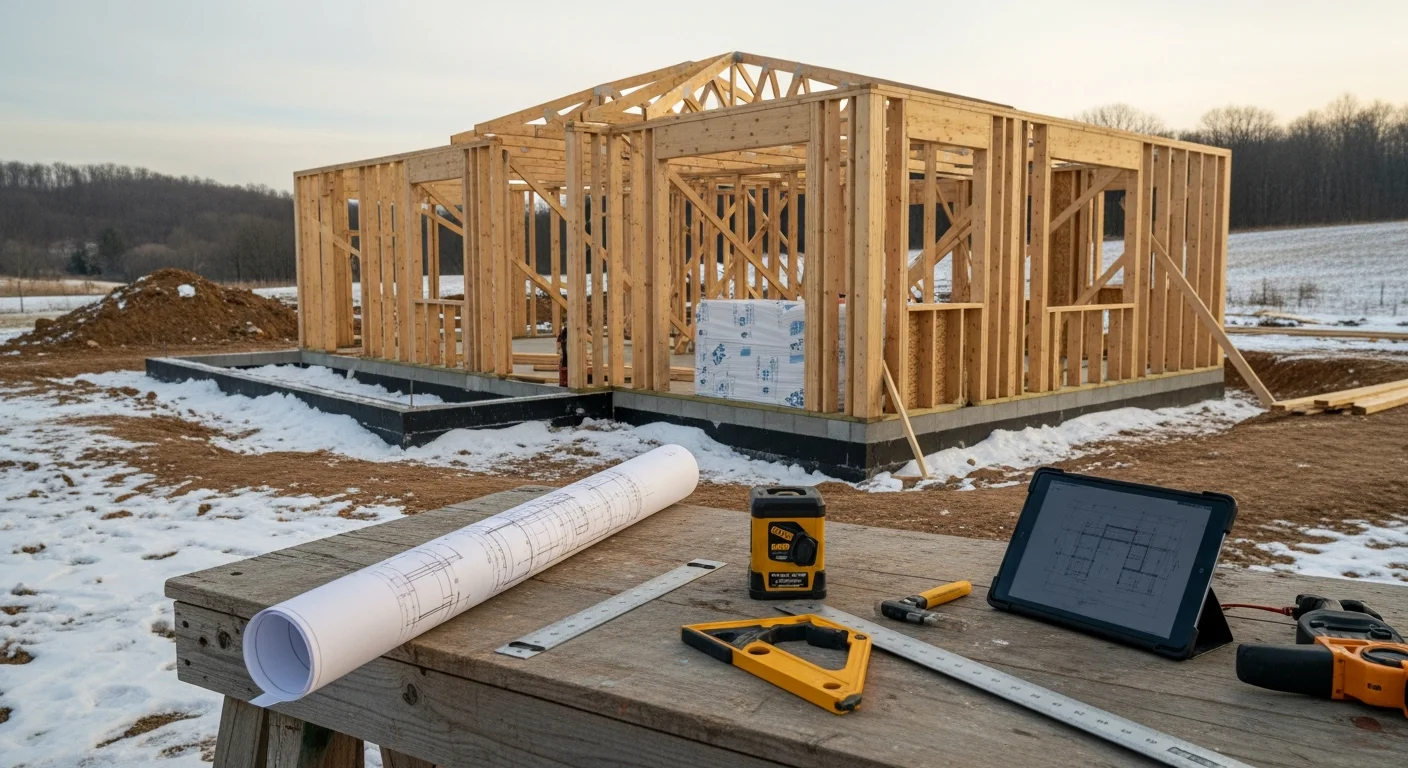 A newly completed residential structure built by a general contractor in Bedford County, PA, showing a framed and finished exterior suited to the region's cold-humid climate. The build reflects a design and build approach with clean structural lines and site-specific construction details.