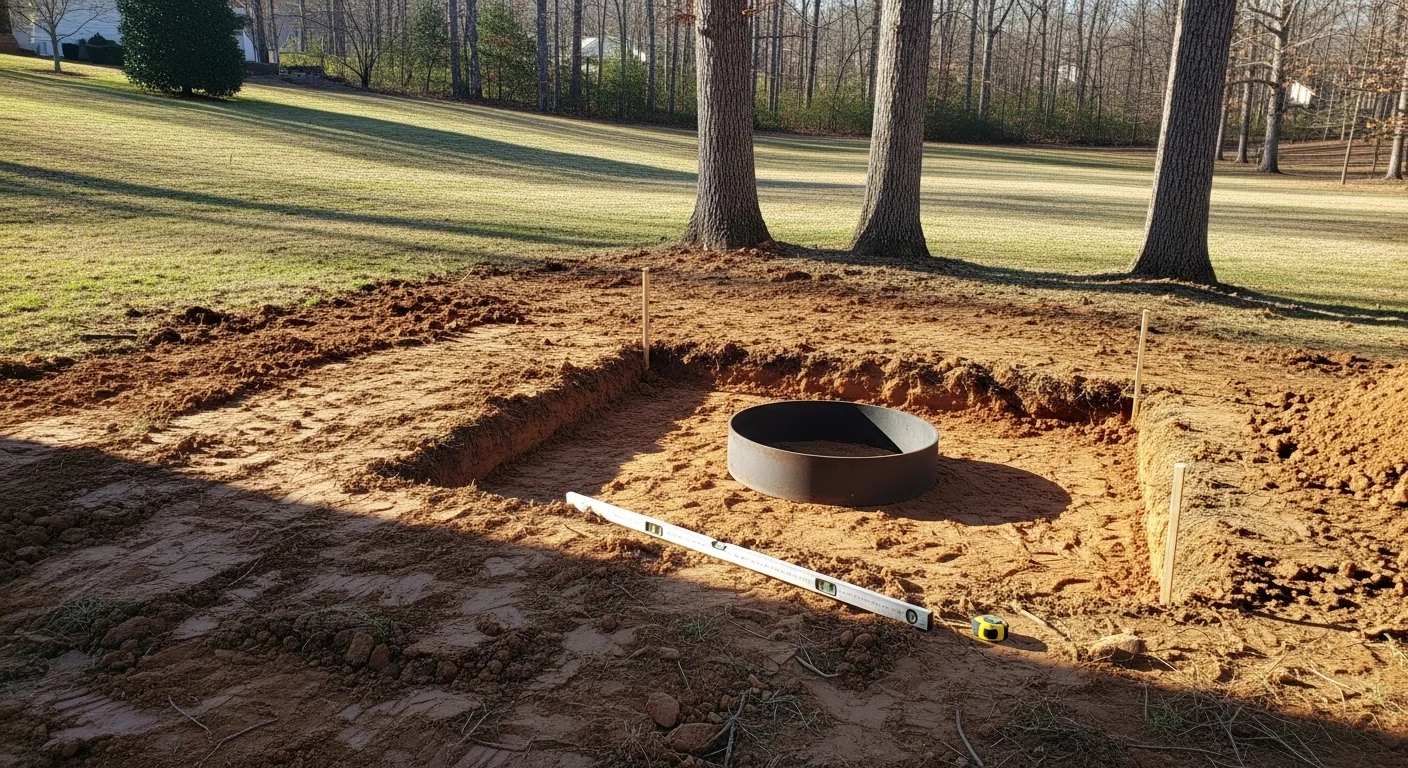 A professionally installed stone fire pit in a Bedford County backyard, set on a level compacted base with open lawn and mature trees in the background. The fire pit is positioned away from the home and surrounded by outdoor seating on a clear evening.