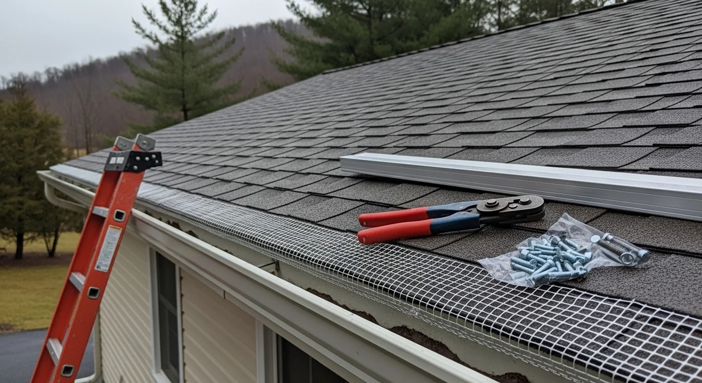 Freshly installed gutter guards on a residential home in Bedford County, Pennsylvania, with autumn leaves resting on top of the guard surface while the gutter channel below remains clear. A wooded hillside typical of the Allegheny Mountain region is visible in the background.