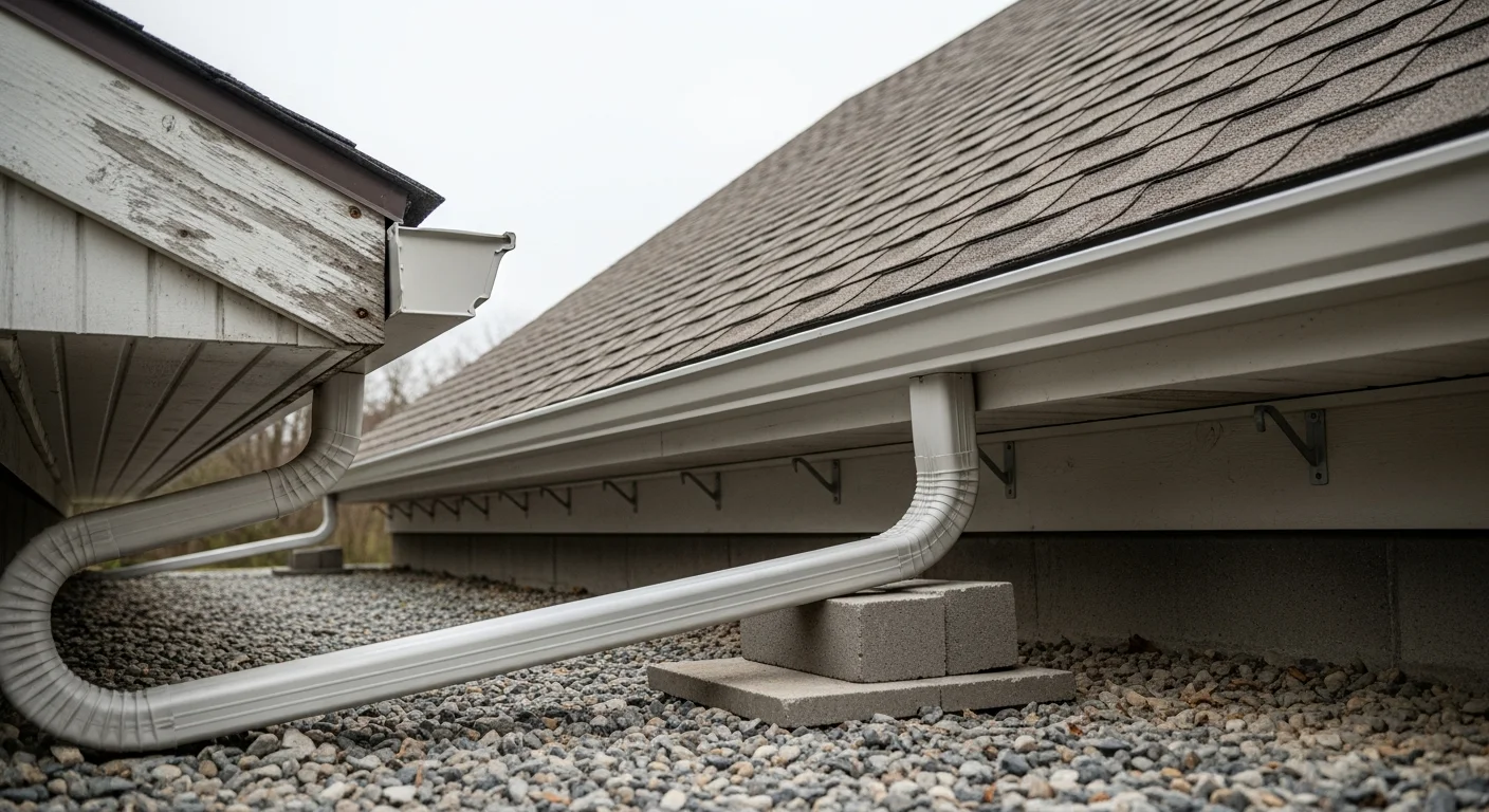 Newly installed gutters running along the roofline of a residential home in Bedford County, PA, with a downspout directing water away from the foundation. The surrounding landscape reflects the rural, wooded character typical of south-central Pennsylvania.