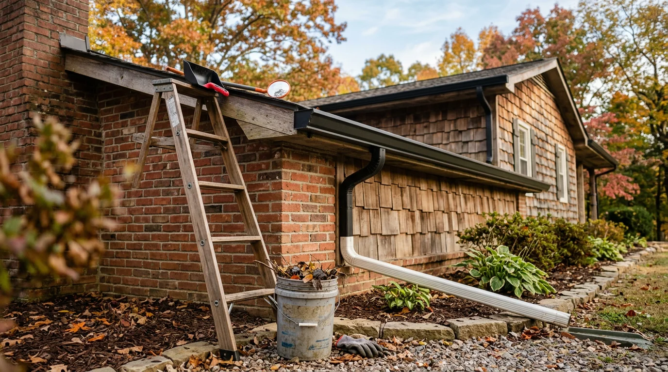A Denali Construction crew member clearing leaf and debris buildup from a residential gutter on a Bedford County, Tennessee home. The downspout and gutter channel are visible against a pitched roofline with mature trees in the background.