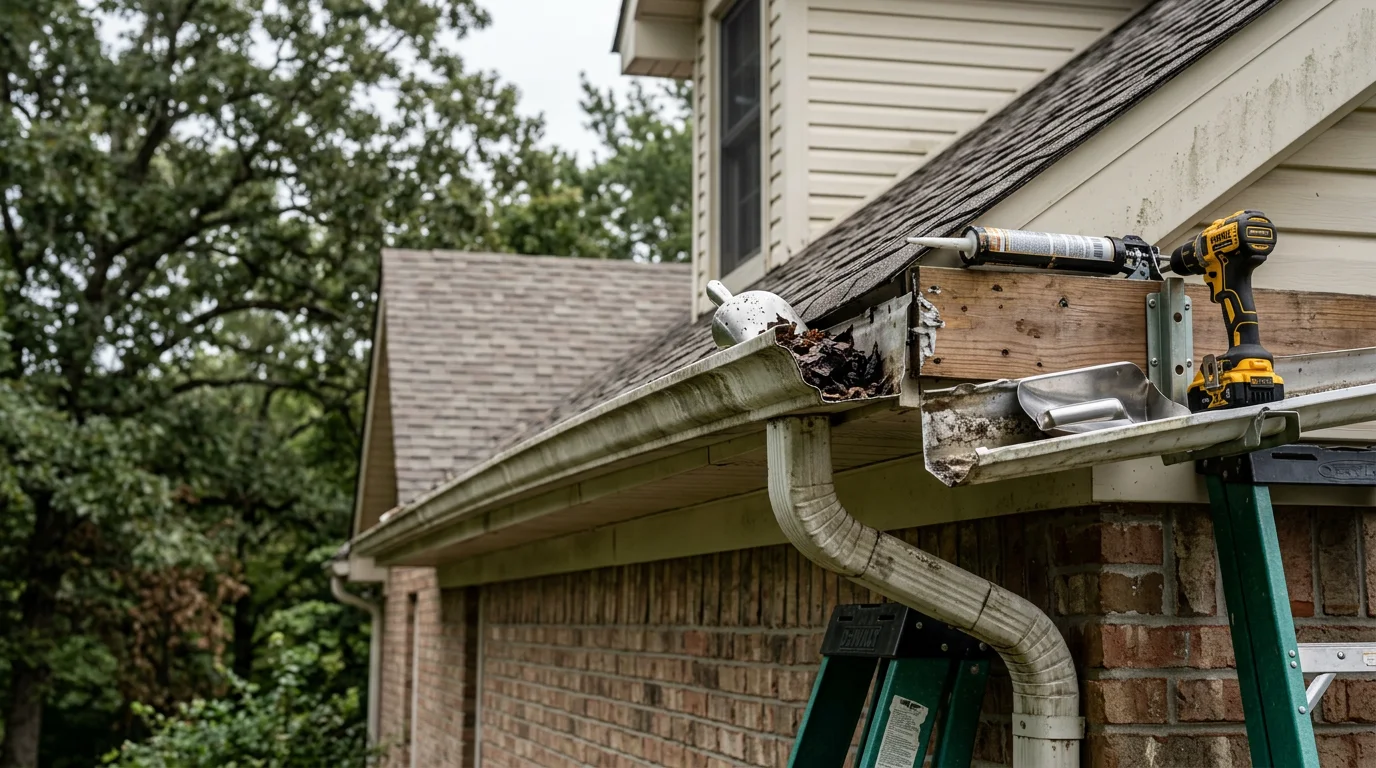 A Denali Construction crew member repairing a sagging gutter section on a residential home in Bedford County, Tennessee. The technician is reattaching the gutter to the fascia board while standing on a ladder against the roofline.