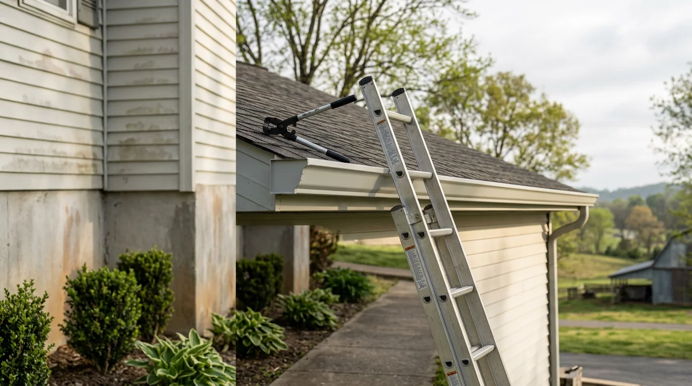 A Denali Construction crew removing old, sagging gutters from a single-family home in Bedford County, Tennessee, with new gutters staged and ready for installation along the roofline.
