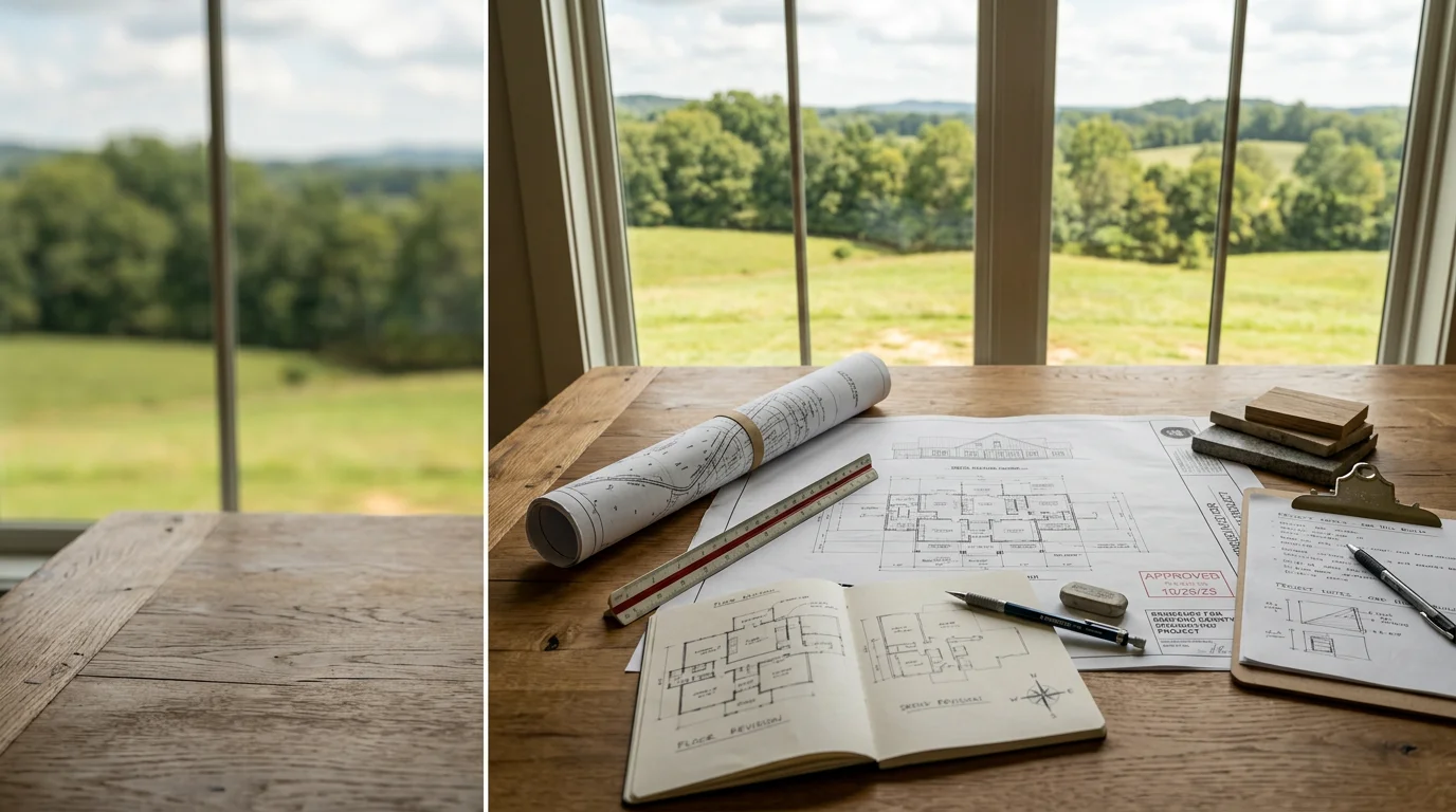 A custom home builder and homeowner reviewing a home design plan together at a table in a Bedford County, Tennessee setting. Site plans and design sketches are spread across the table during an in-person consultation.