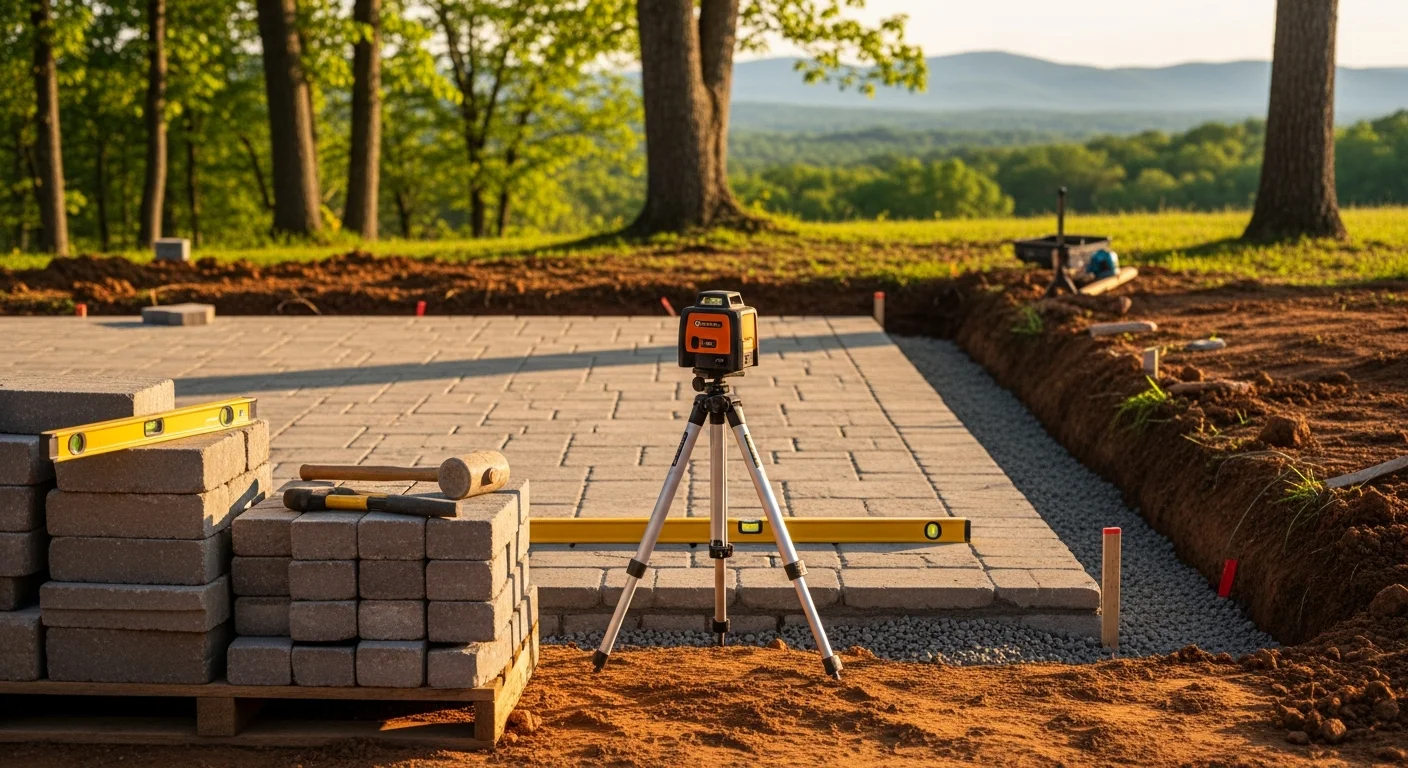 A finished outdoor living space on a Bedford County, Virginia residential property, featuring a stone patio with a fire pit area and covered dining space set against a wooded backdrop. Denali Construction landscape contractor outdoor living design.