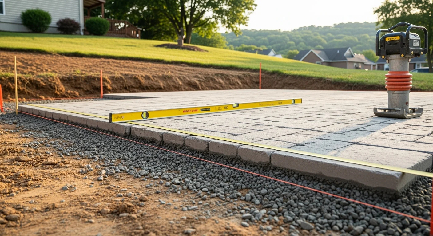 A completed residential patio installed by Denali Construction on a Bedford County, PA property, showing a level hardscaped surface with a graded yard and surrounding landscape. The patio extends from the back of a single-family home with natural terrain visible in the background.