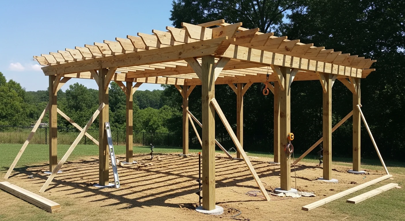 A custom wood pergola installed by Denali Construction in a Bedford County, Virginia backyard, with open beam rafters casting patterned shade over an outdoor seating area. The structure sits on a level graded lawn with a residential home visible in the background.