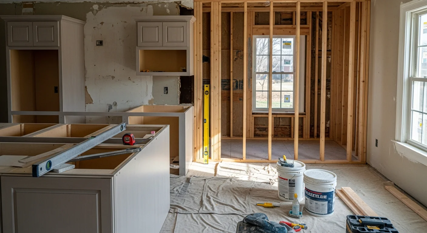 A remodeled kitchen interior inside a Bedford County, PA home, featuring updated cabinetry, new countertops, and refinished flooring. The space reflects a full residential remodel completed by a local general contractor.