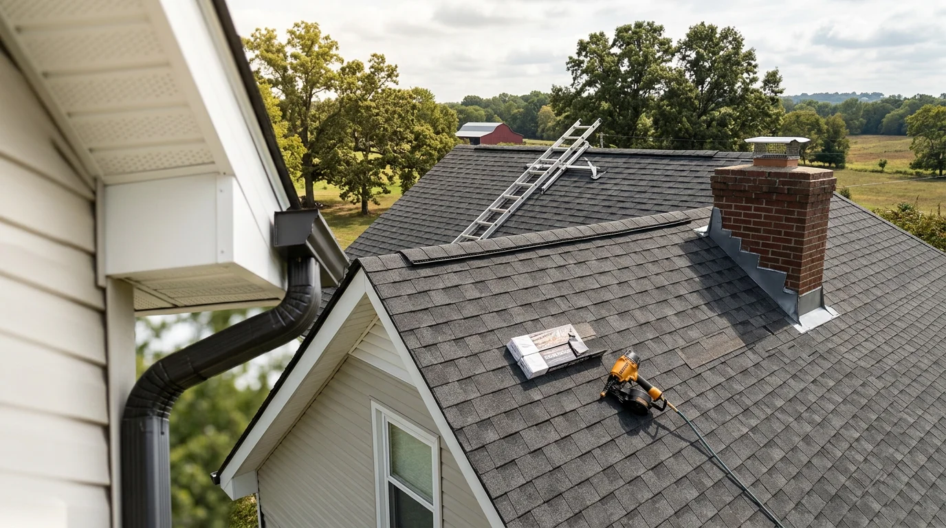 A newly completed residential roof installation on a single-family home in Bedford County, Tennessee, showing clean ridge lines, uniform shingle layout, and properly sealed flashing around roof penetrations.