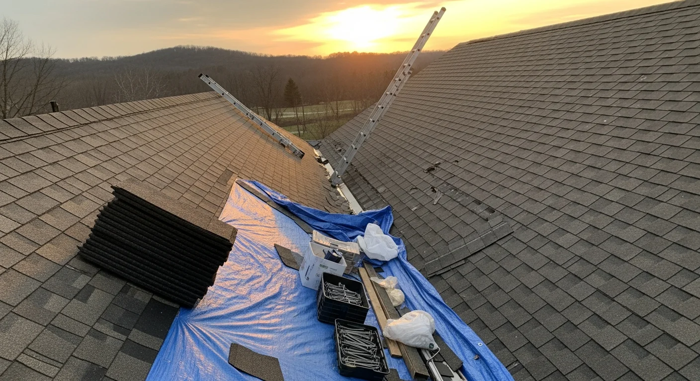 A residential home in Bedford County, PA with a newly installed roof showing clean ridge lines and intact shingles on a steep-pitched two-story structure. The surrounding landscape reflects the rural Allegheny Mountain setting typical of the area.