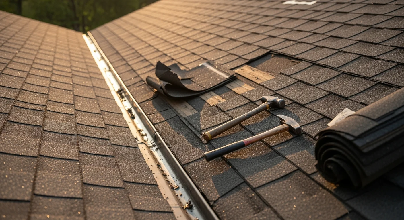 A Denali Construction roofer repairing damaged shingles on a residential home in Bedford County, Pennsylvania. Close-up view shows replaced shingles and resealed flashing along a roof valley after storm damage.