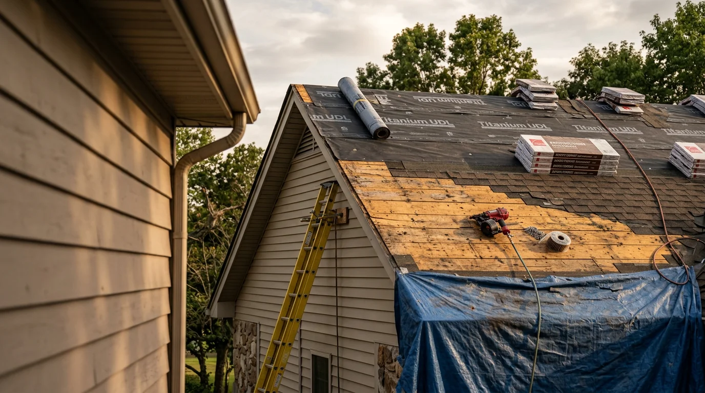 A newly completed roof replacement on a residential home in Bedford County, Tennessee, showing fresh roofing materials installed over a clean deck on a single-story house with a clear sky above.