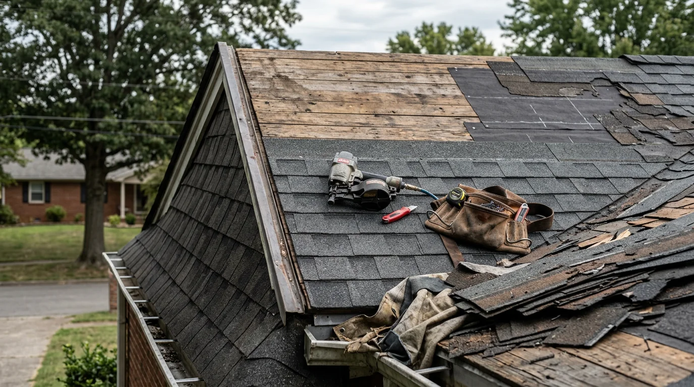 A residential roof in Bedford County, Tennessee showing repaired shingles and flashing after storm damage from high winds and hail. A Denali Construction crew member inspects the completed repair on a clear day following a Middle Tennessee severe weather event.